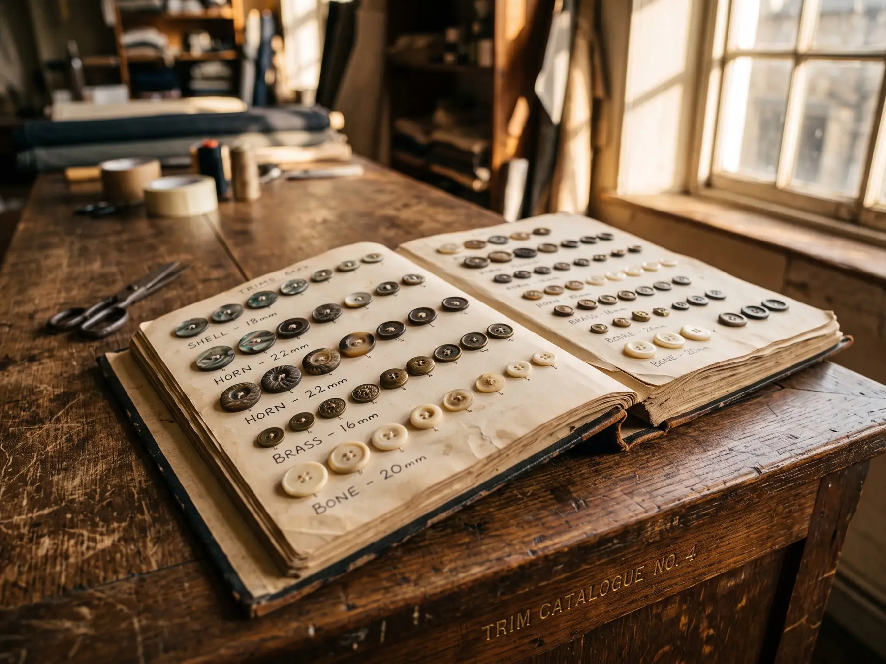 An open button sample book on a worn wooden counter beside a window, its pages showing rows of buttons stitched to card.