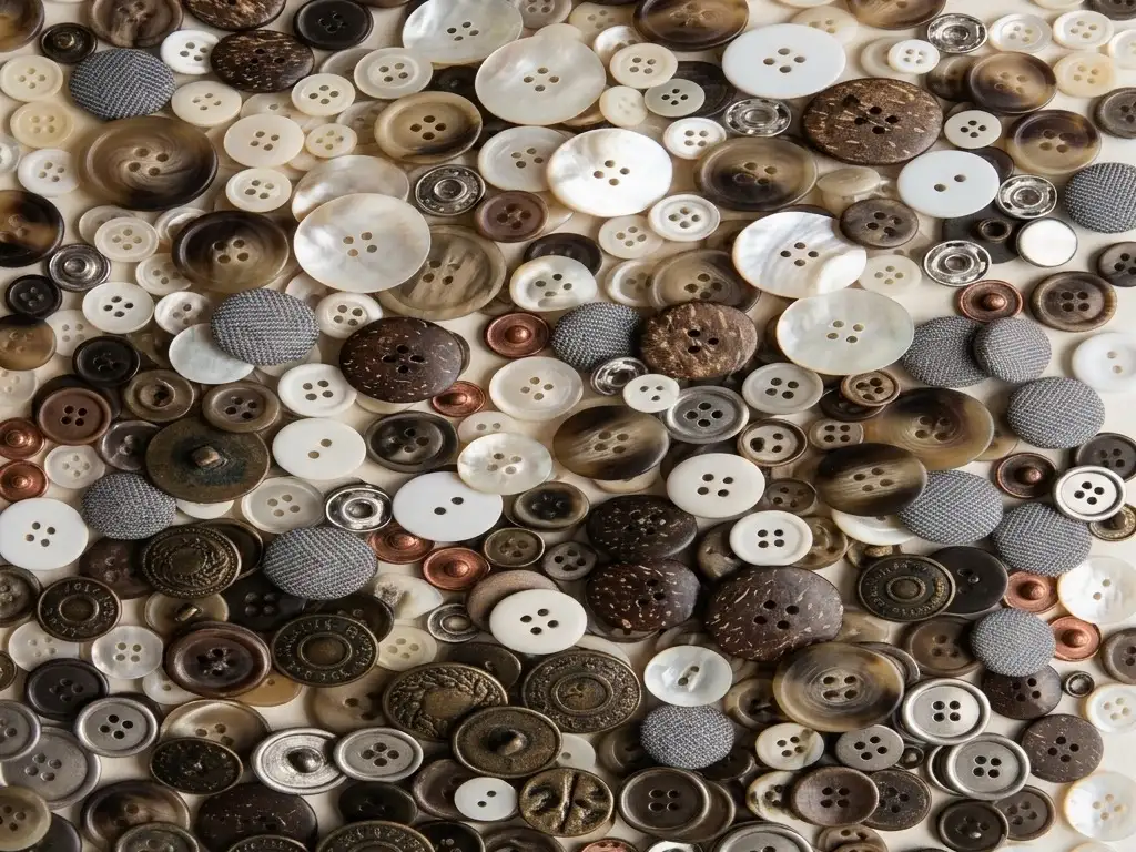 A dense spread of buttons in polyester, shell, horn tone, coconut, metal and fabric.