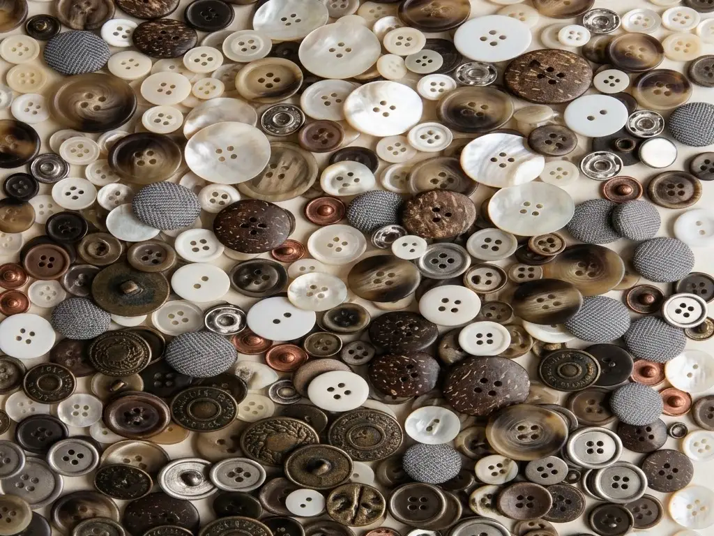 A dense spread of garment buttons filling the frame: cream polyester, pearly shell, mottled horn tone, dark speckled coconut, flat chalk white, metal press studs, brass jeans buttons, copper rivets and fabric covered blanks.