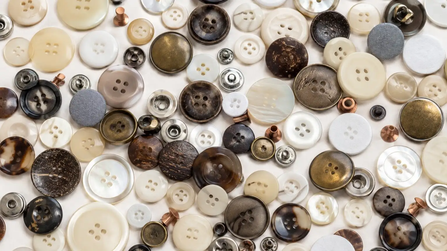 A dense spread of buttons: cream polyester, pearly shell, mottled horn tone, dark speckled coconut, metal press studs and brass jeans buttons.