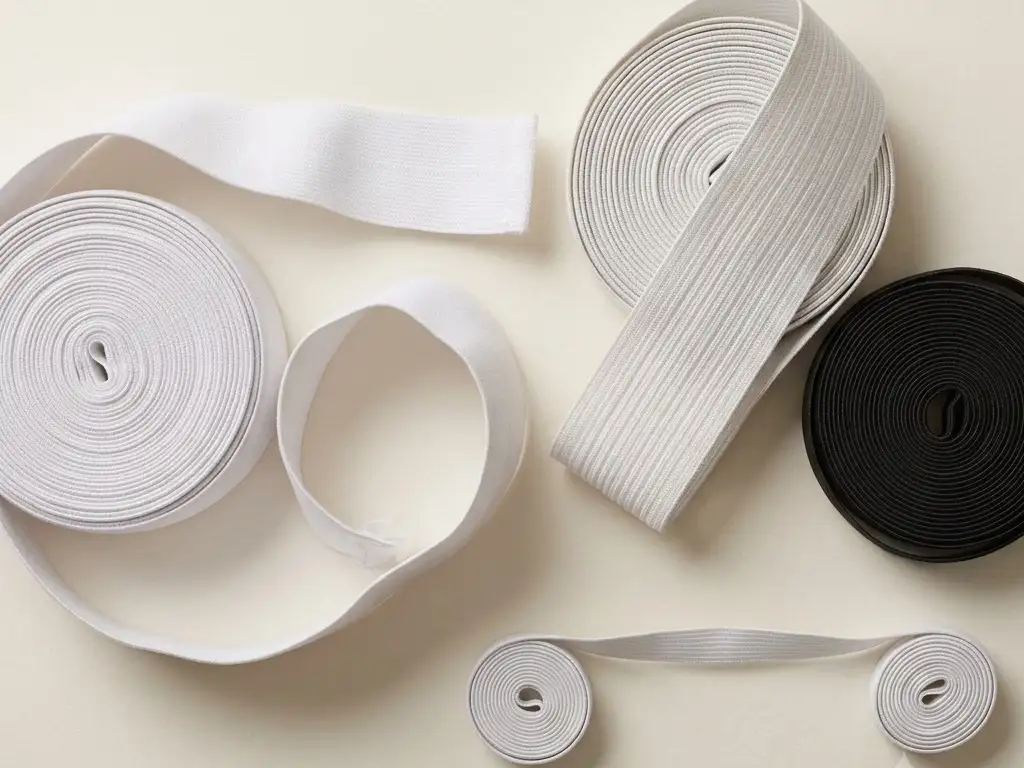 Rolls of white knitted and ribbed woven waistband elastic with a coil of narrow black elastic.