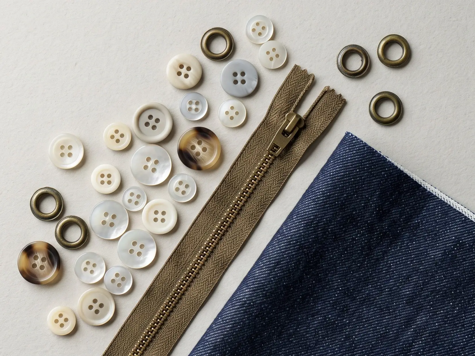 Shirt buttons in cream and horn tone, brass eyelets and a brass zipper laid out beside a folded piece of indigo denim.