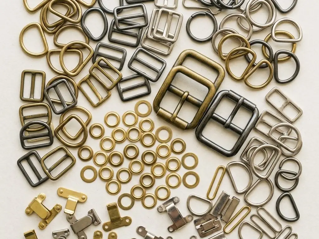 Small garment and bag metal hardware grouped by type: D rings, sliding ladder buckles, two larger strap buckles, a spread of brass eyelets with washers, and flat hook and bar trouser fasteners in brass, gunmetal and nickel.
