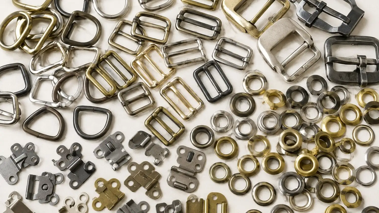 Brass, nickel and gunmetal hardware: D rings, ladder buckles, strap buckles, eyelets with washers, and flat hook and bar waistband fasteners.