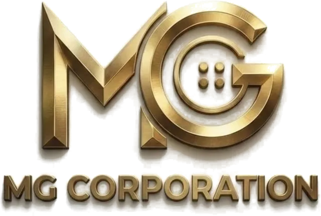 The MG Corporation logo: the letters M and G in gold, with a four hole button forming the centre of the G, above the words MG Corporation.