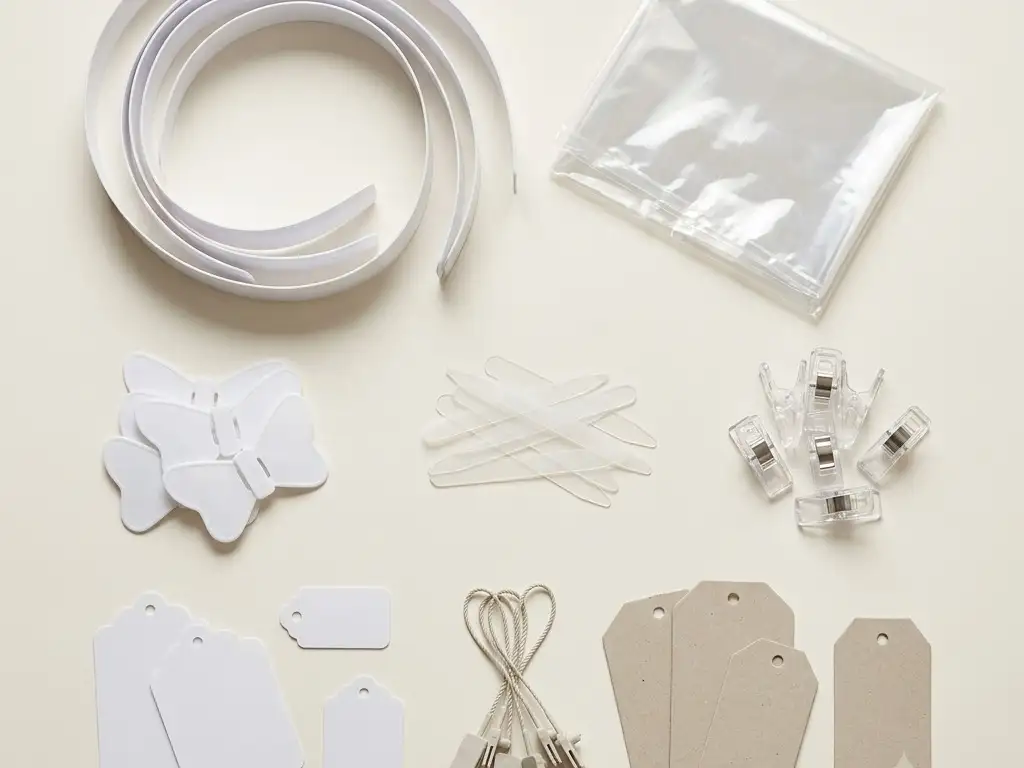 Shirt packing items: a clear cover, collar bands, butterflies, collar stays, clips and blank tags.