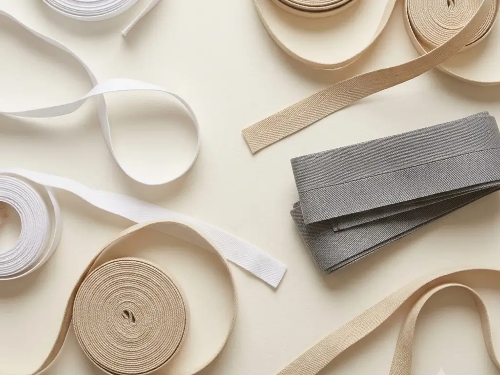 Rolls of narrow woven garment tape in white and natural beige, partly unrolled so lengths curve across the frame, beside a folded stack of wider grey waistband tape.