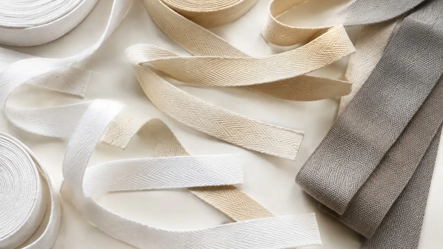 Rolls of narrow woven cotton tape in white and natural beige, partly unrolled, beside a folded stack of wider grey waistband tape.