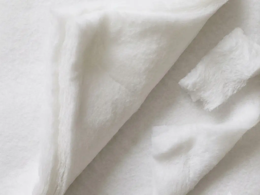 A thick soft sheet of white polyester wadding with one corner folded back to show its loft, and torn pieces beside it showing the fluffy fibrous interior.