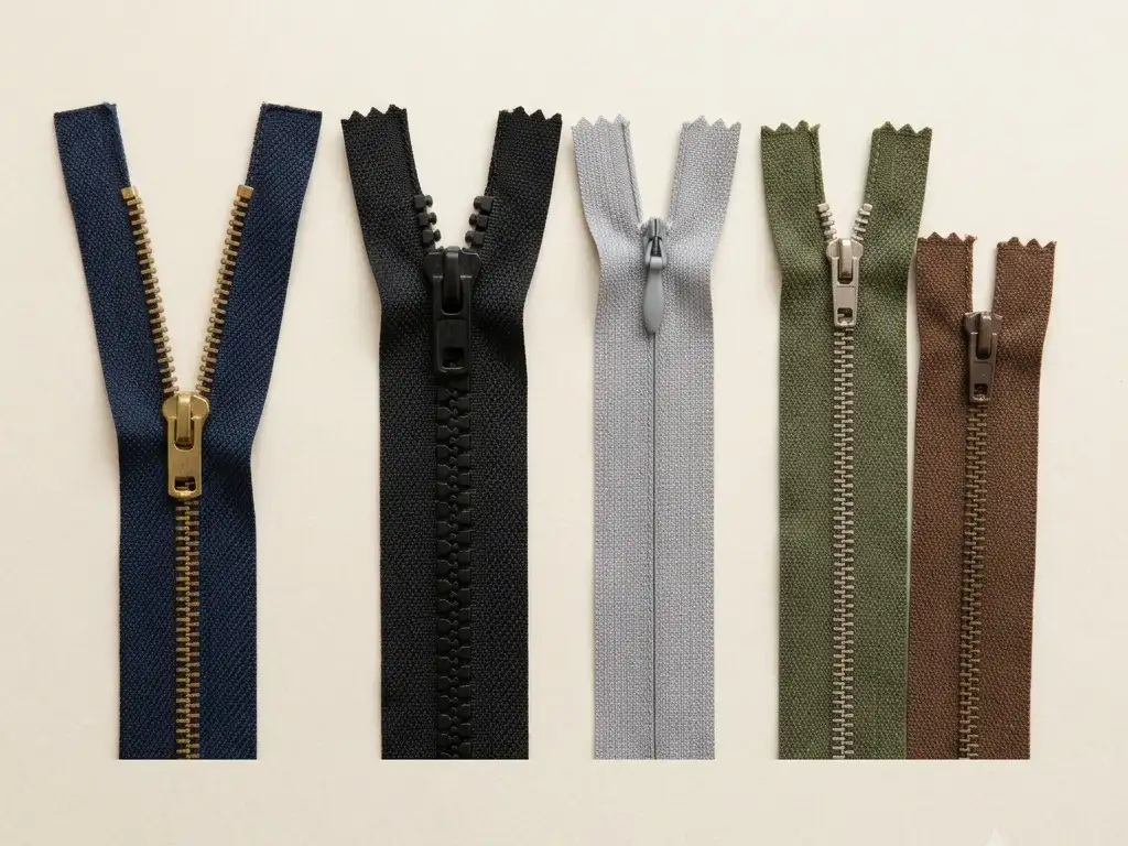 A brass metal zipper, a black moulded tooth zipper, a grey concealed zipper and trouser fly zippers.