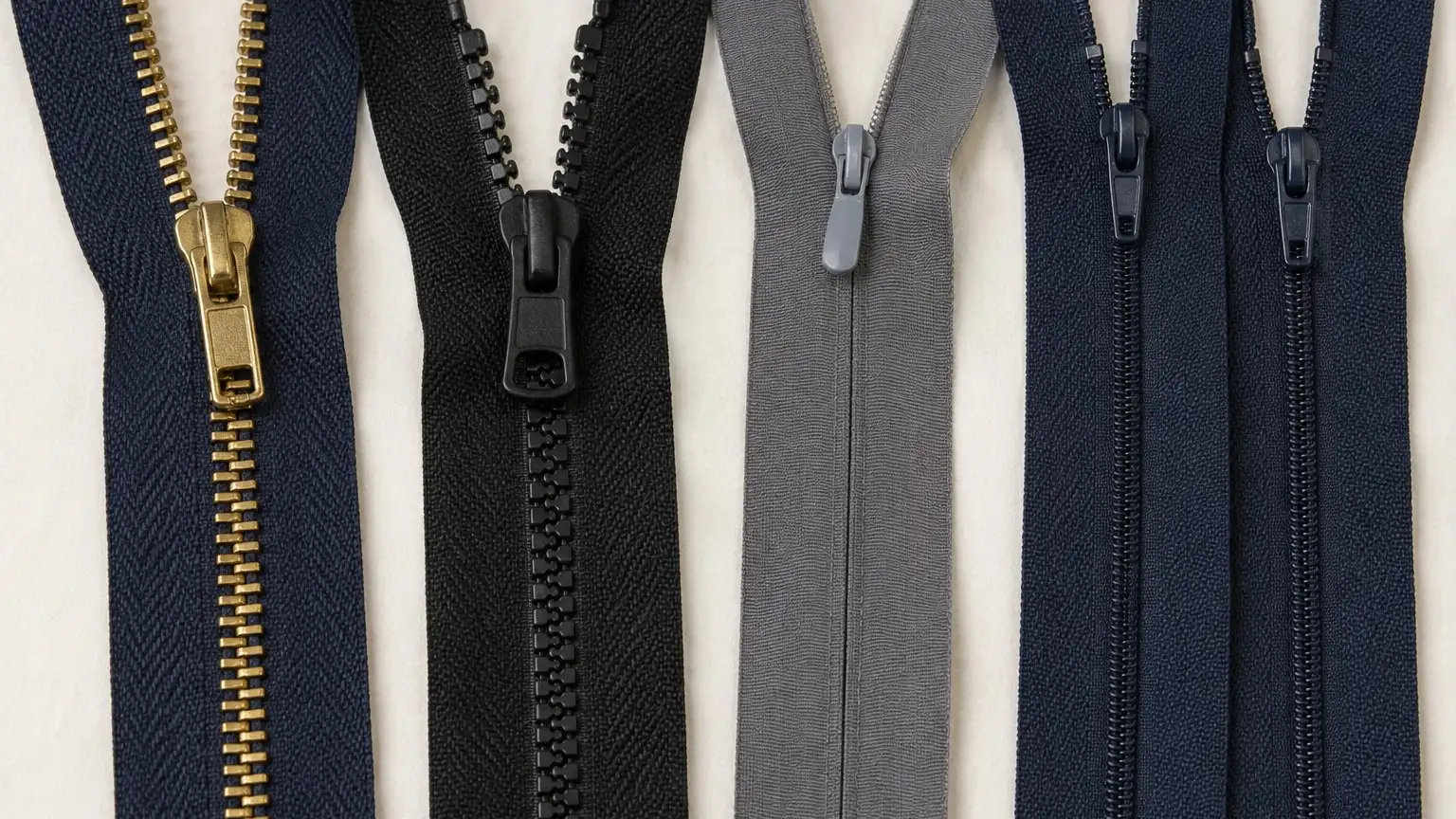 Zippers side by side: an open brass metal zipper on navy tape, a chunky black moulded tooth zipper, a fine grey concealed zipper and trouser fly zippers.